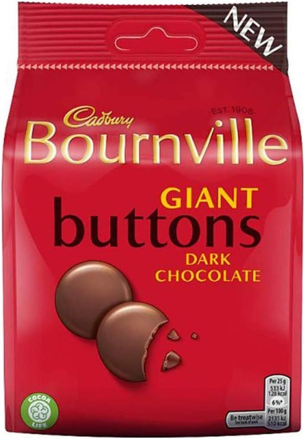 Cadbury Bournville dark chocolate giant buttons 110g with rich cocoa flavor for indulgent snacking