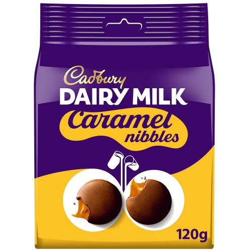 Cadbury Caramel Nibbles 120g pouch with creamy milk chocolate and soft caramel centers