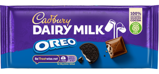 Cadbury Dairy Milk Oreo 120g with creamy milk chocolate, soft vanilla filling, and crunchy Oreo pieces