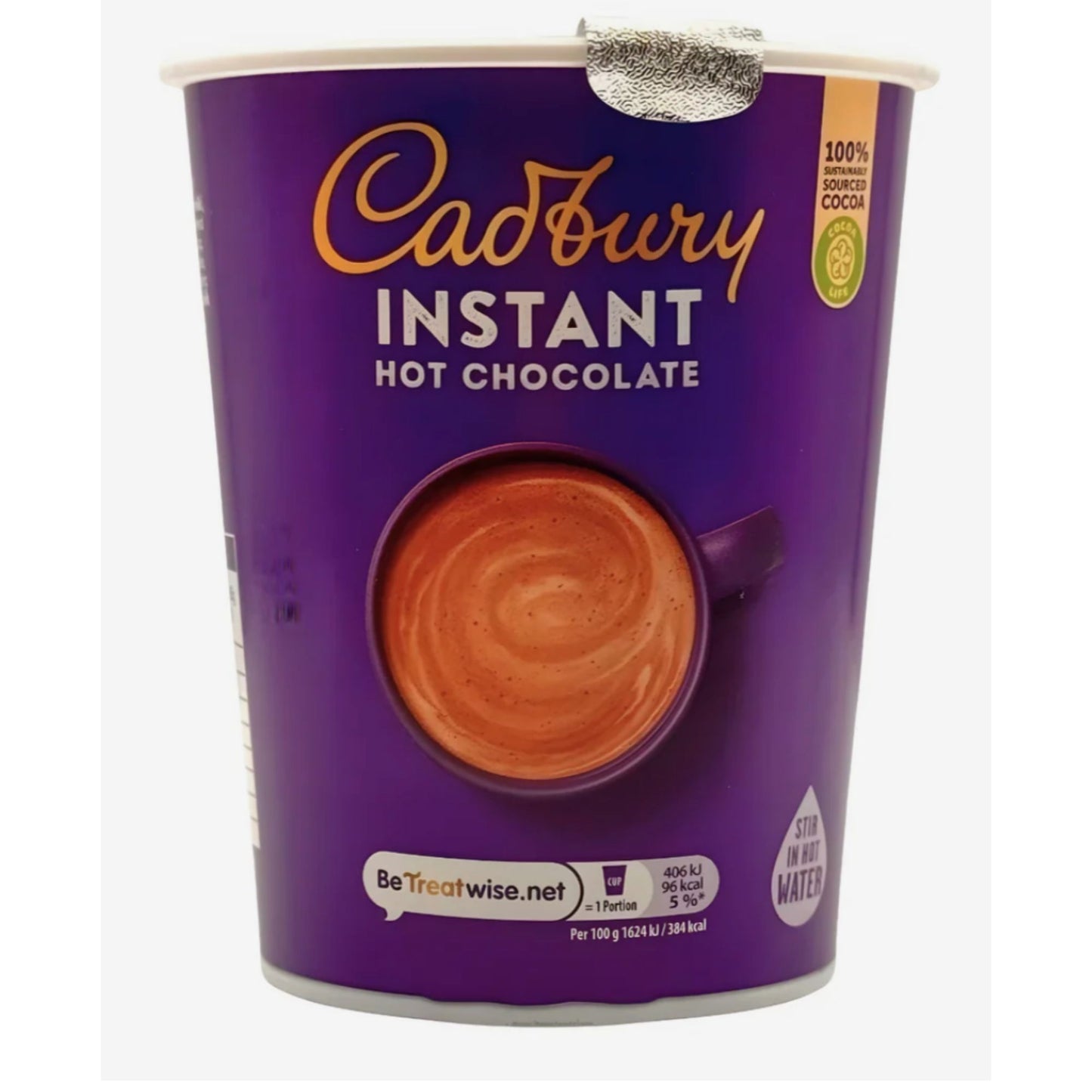Close-up of Cadbury Hot Chocolate 12oz foil-sealed cups for freshness