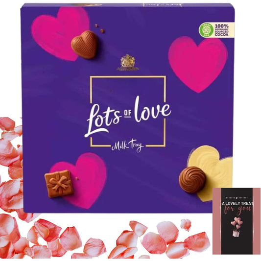 Heart-themed gift box filled with a double layer of assorted milk chocolates