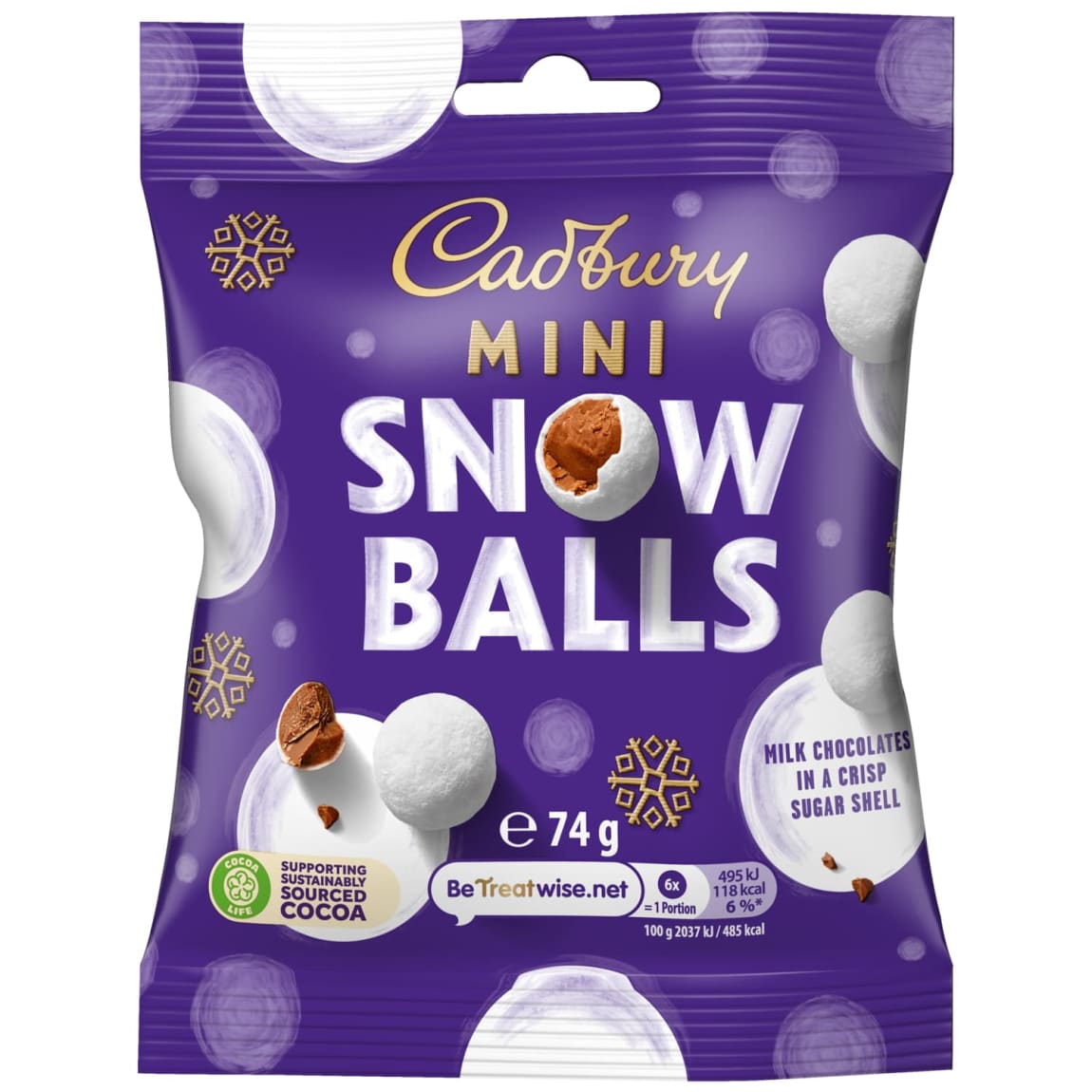 Cadbury Mini Snowballs 74g bag of milk chocolate with sugar shell