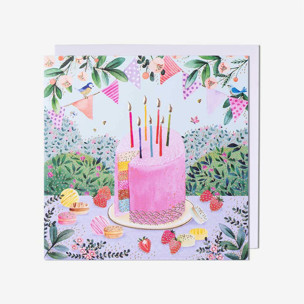 Festive blank card with cake and bunting design – ideal for those searching greeting cards near me or adding a personal touch.