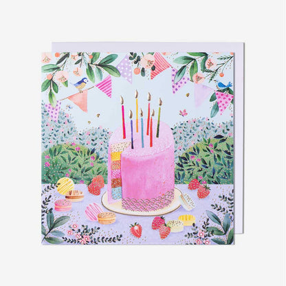 Festive blank card with cake and bunting design – ideal for those searching greeting cards near me or adding a personal touch.