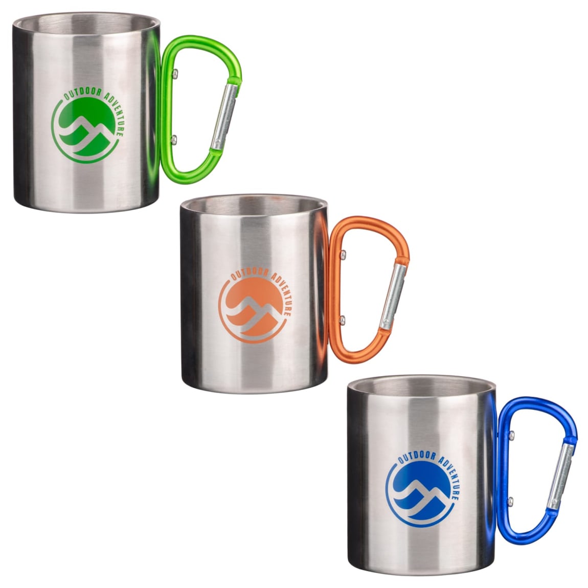 Steel camping mug with outdoor inspired carabiner handle
