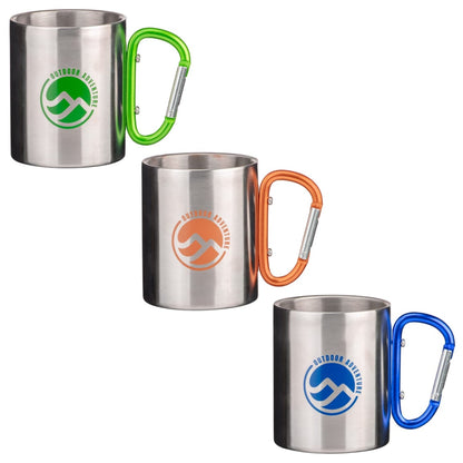 Steel camping mug with outdoor inspired carabiner handle