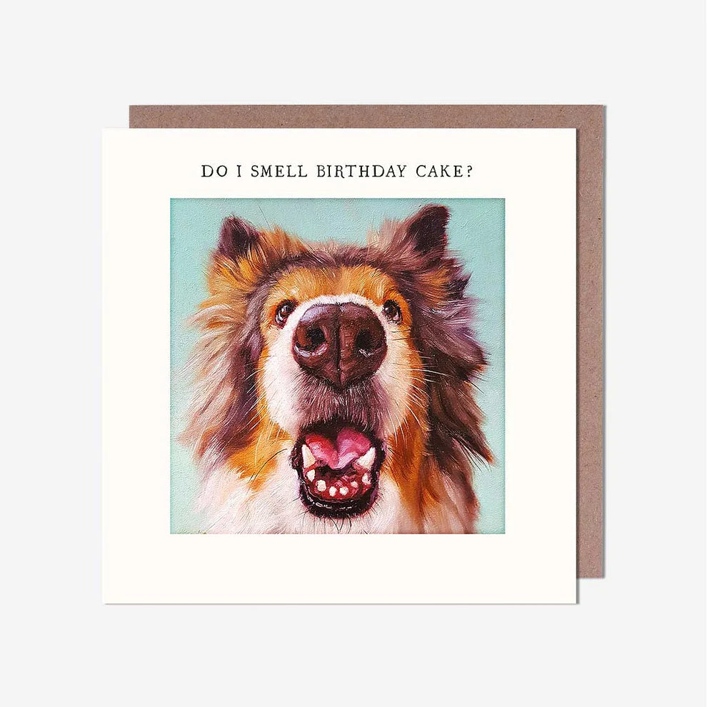 Fun cartoon birthday card featuring a dog sniffing a birthday cake. Perfect for greeting cards near me, birthday card greeting cards, and dog lovers.