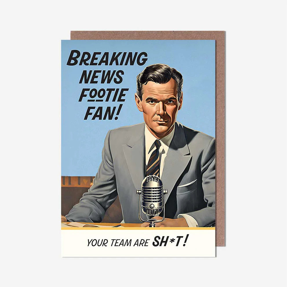 Funny cartoon birthday card - Footie Fan News Reporter Birthday Card. Perfect for birthday card greeting cards and greeting cards near me.