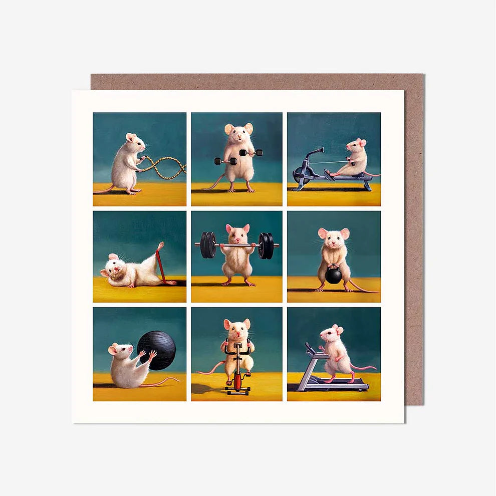 Fun cartoon Gym Mice Blank Card, perfect for fitness enthusiasts. A great choice for greeting cards near me and birthday card greeting cards.