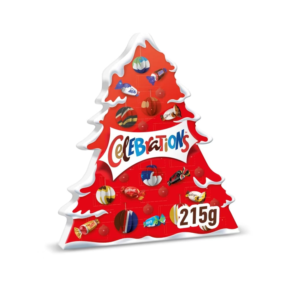 Celebrations 215g advent calendar shaped like a Christmas tree