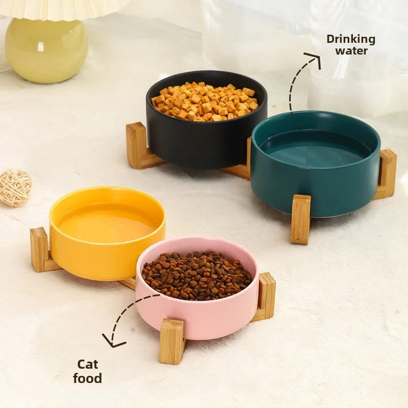 Pink ceramic pet bowl elevated wood stand cat dog feeder