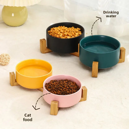 Pink ceramic pet bowl elevated wood stand cat dog feeder