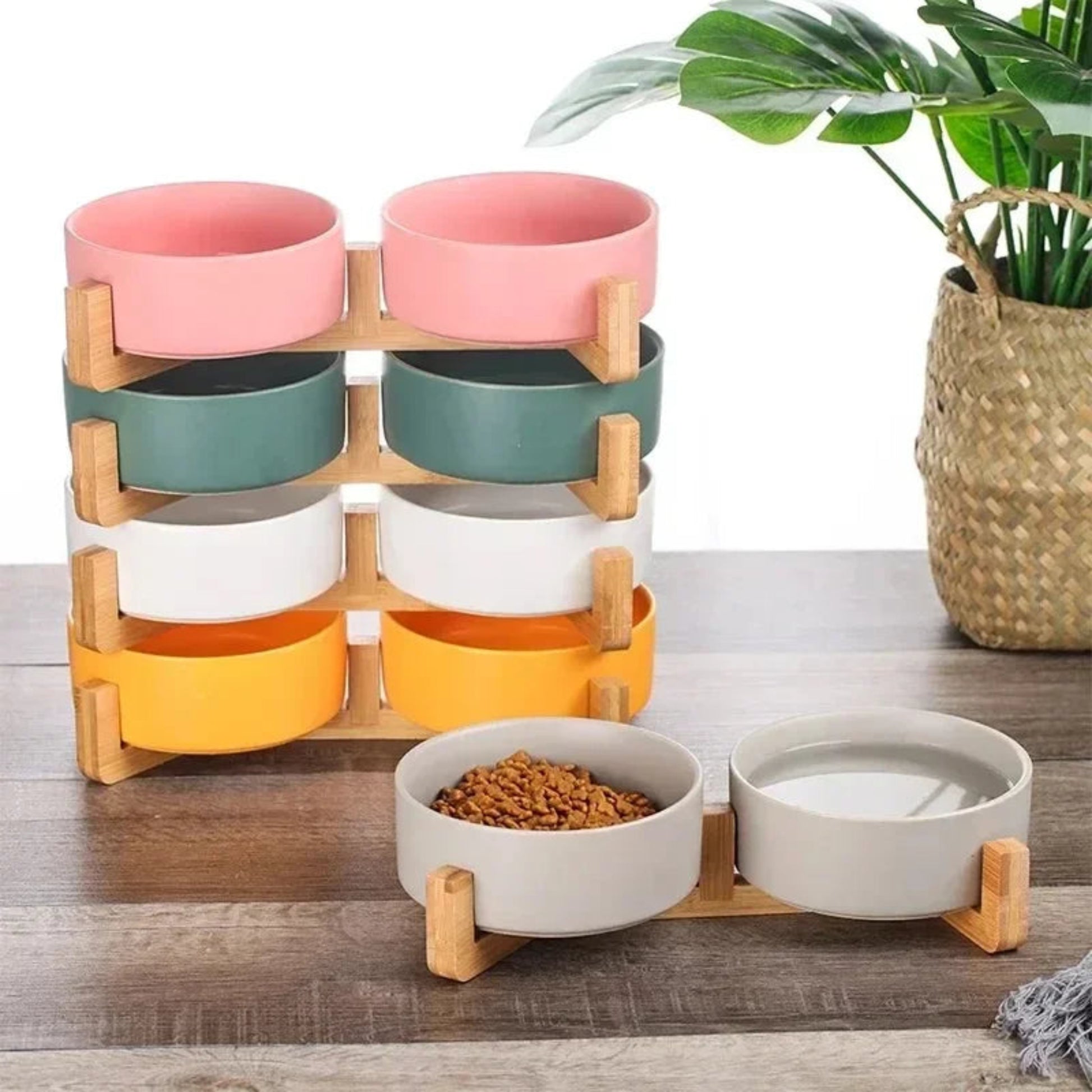 Ceramic pet bowl wood stand no spill feeder for cats and small dogs