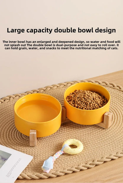 Small dog drinking water ceramic bowl wood stand feeder