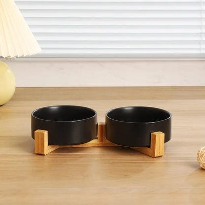 Ceramic pet bowl wood stand stylish home decor pet feeding station