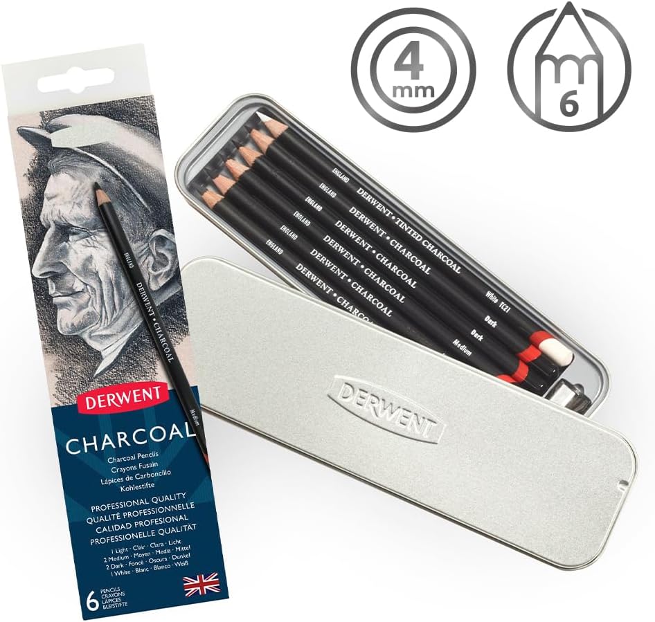 Artist charcoal pencils in varying tones and white