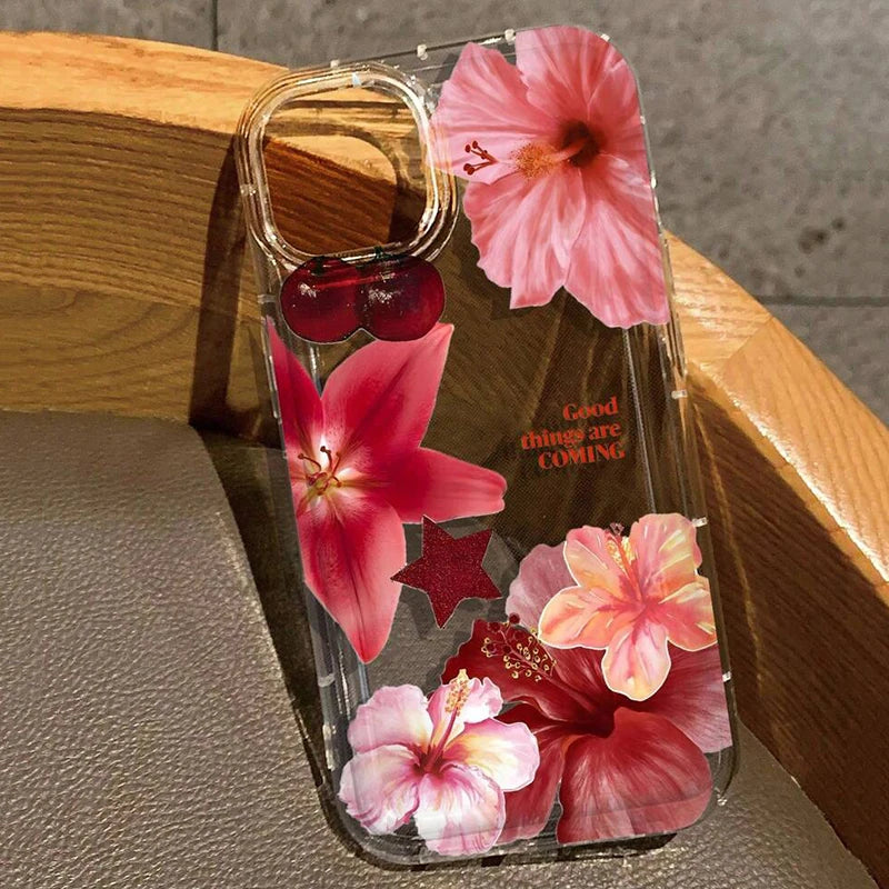 Cherry flower print clear case for iPhone 7 to 17 Air series