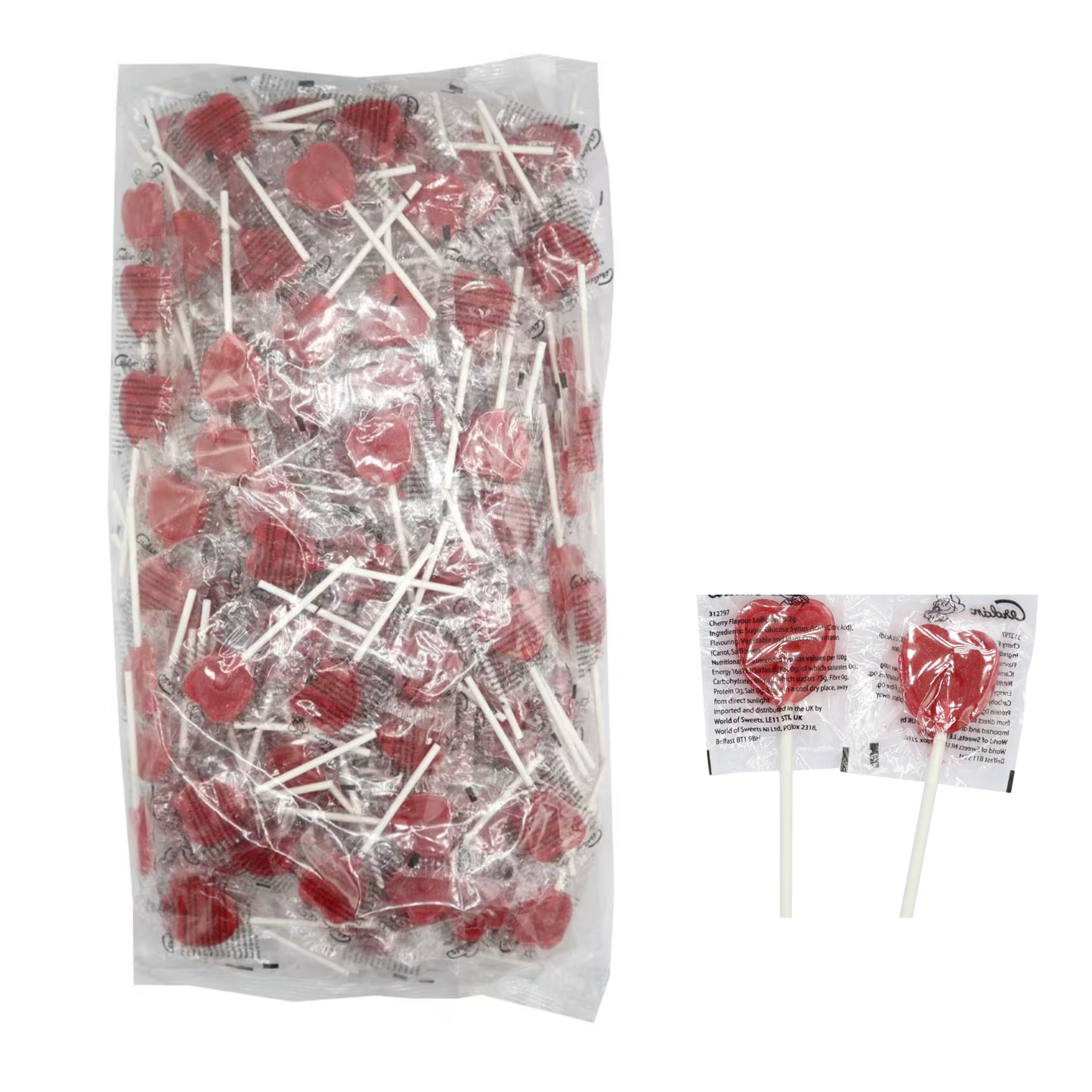 Cherry heart lollipops in bulk bag