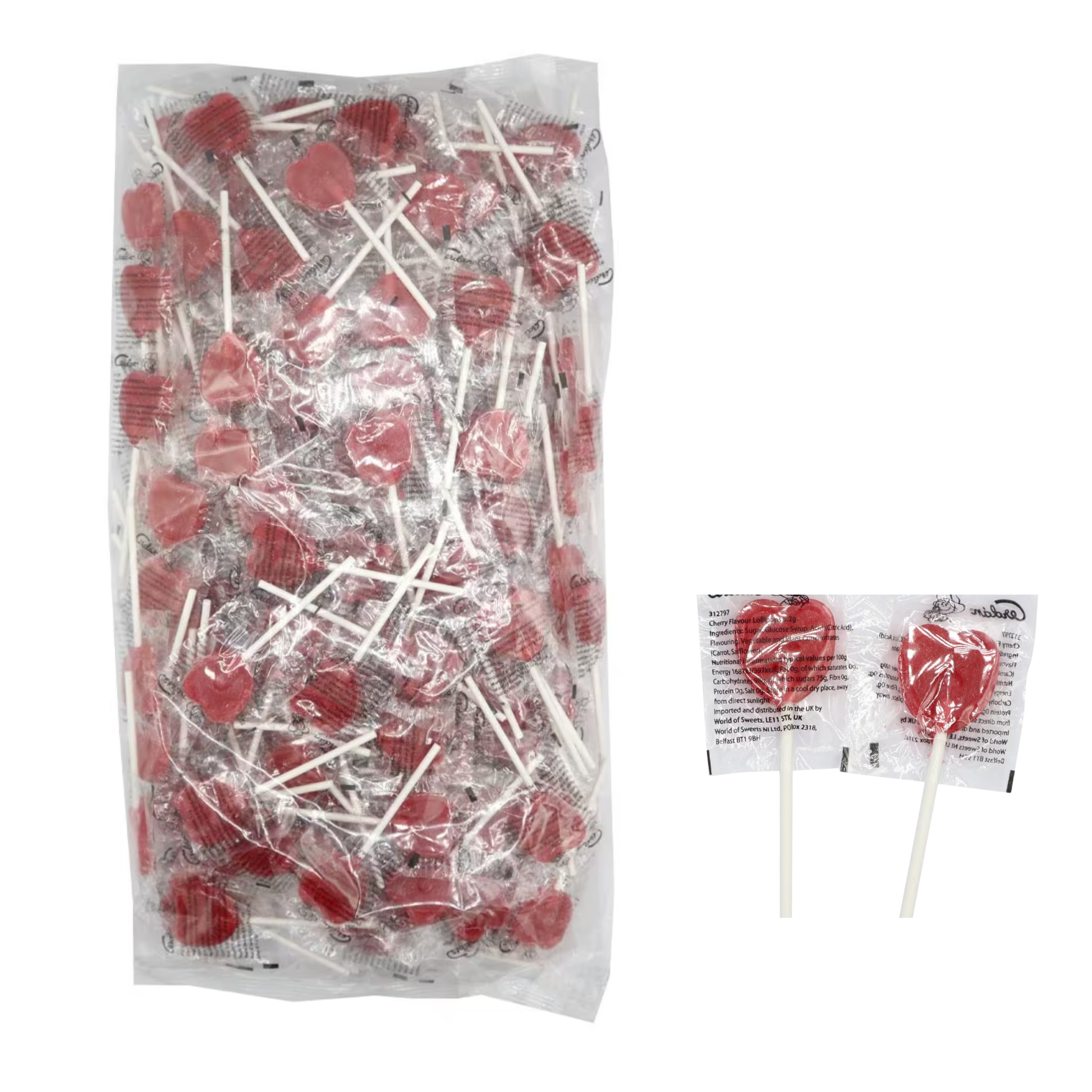 Cherry heart lollipops in bulk bag