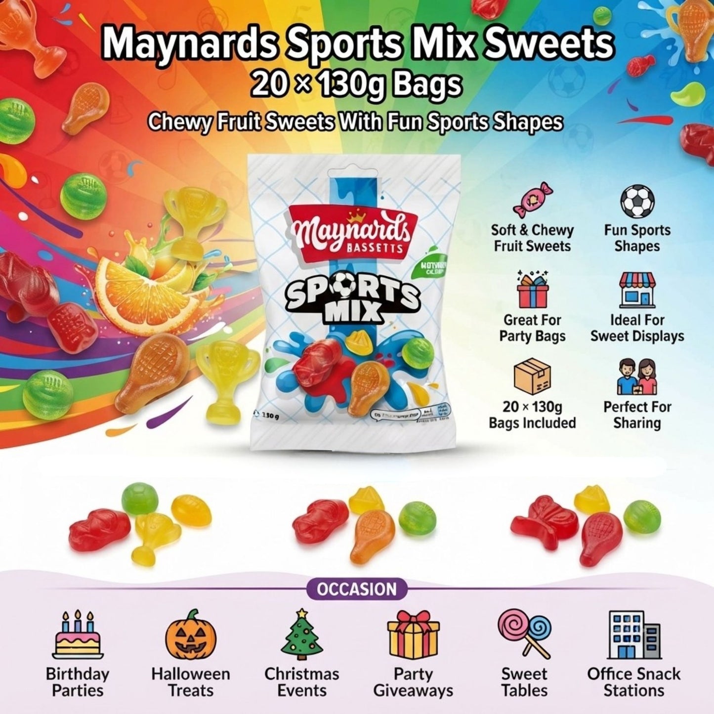 Colourful chewy fruit flavour sweets