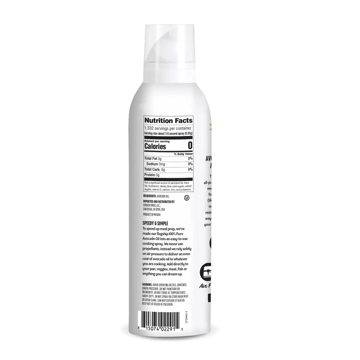 Chosen Food Avocado Oil Cooking Spray – 2 x 383ml Label Close-up