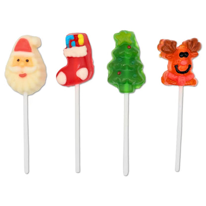 Christmas gummy lollipops shaped like Santa, tree, and reindeer