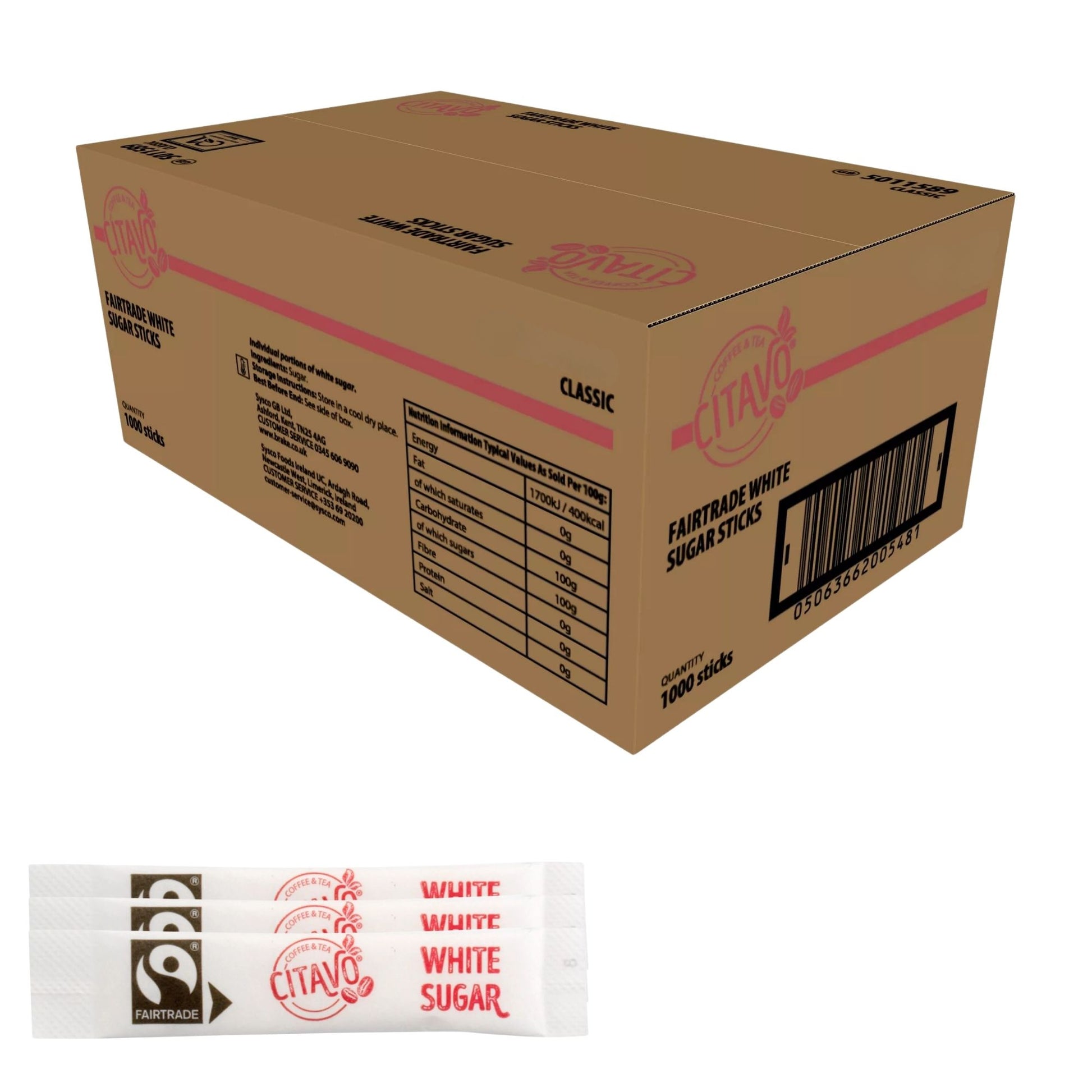Citavo Classic Fairtrade White Sugar Sticks 1000 Pack