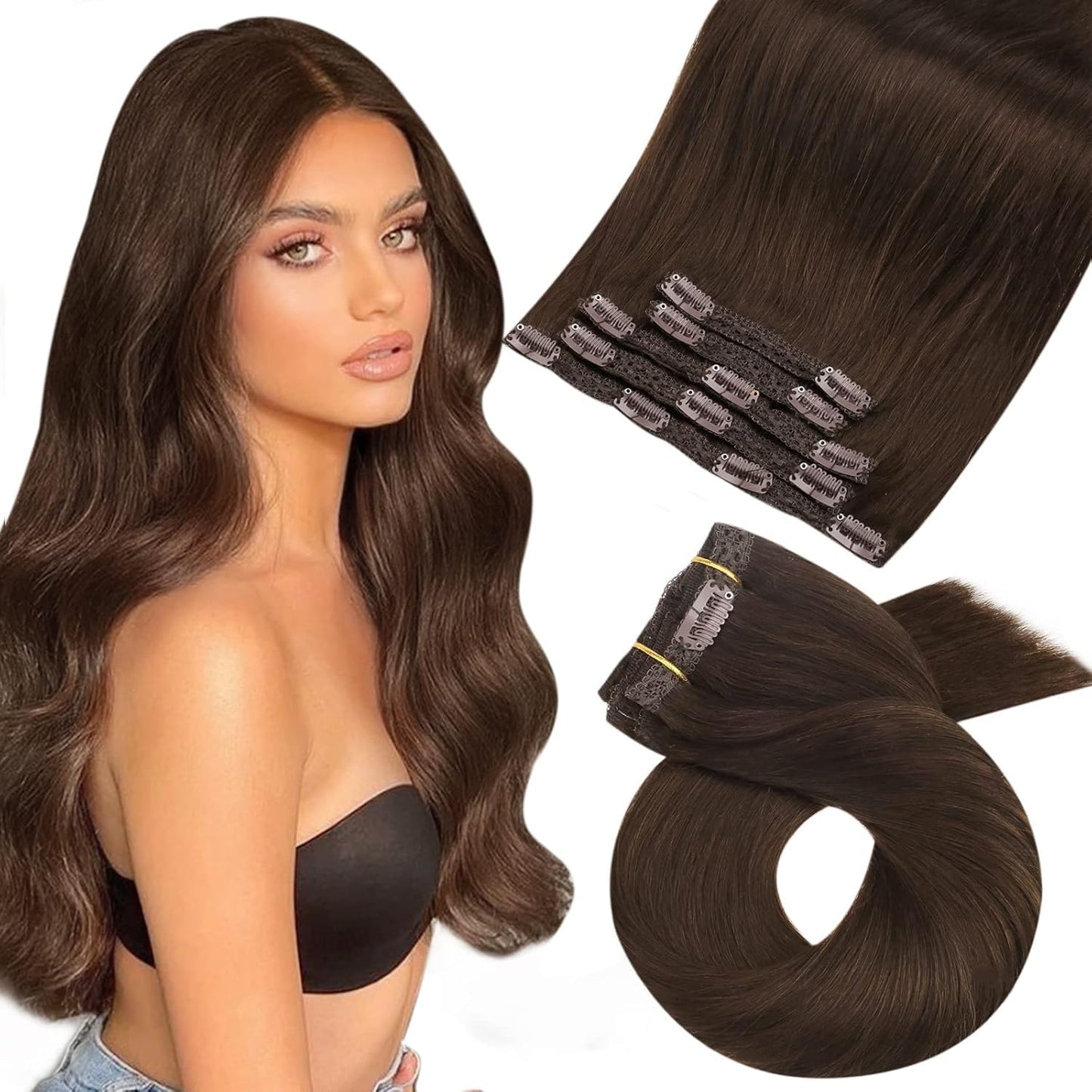 14 inch clip in human hair extensions dark brown