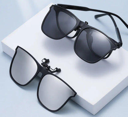Round clip on sunglasses driving model lifestyle car shot