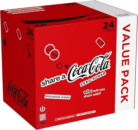 Coca-Cola Zero Sugar 24 x 330ml cans pack with no sugar taste