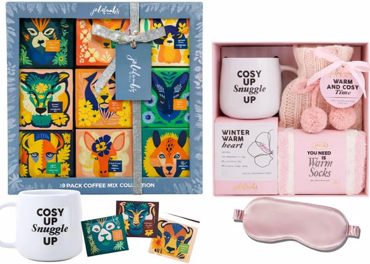 Coffee Gift Hamper with 9 flavoured instant coffees and hot water bottle