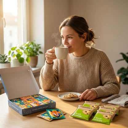 Instant coffee sachets with gluten free snacks