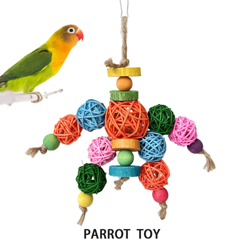Colourful rattan ball hanging bird toy for parrots and budgies