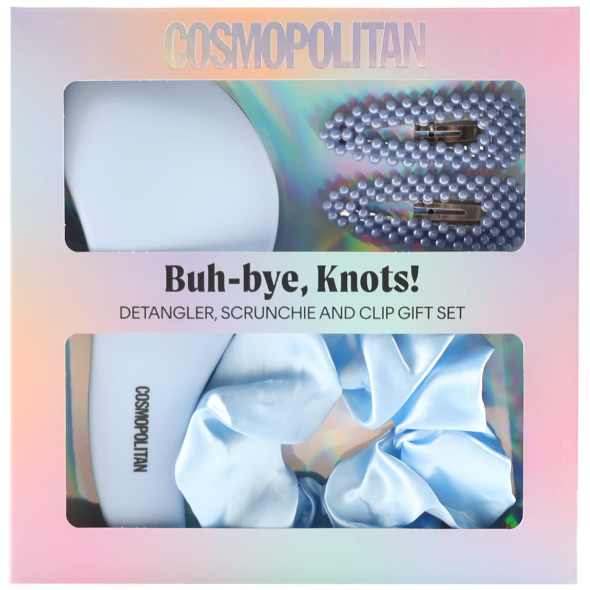 Cosmopolitan Buh-Bye Knots Gift Set Blue – Detangler Brush, Scrunchie, Hair Clips