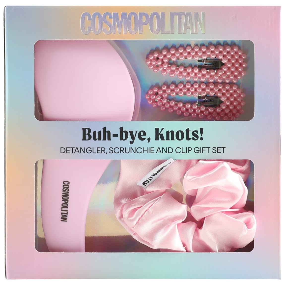 Cosmopolitan Buh-Bye Knots Gift Set Pink – Detangler Brush, Scrunchie, Hair Clips