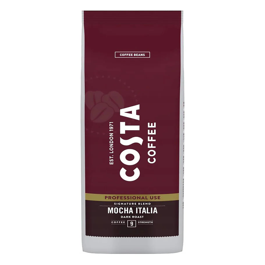 Costa Mocha Italia Dark Roast Coffee Beans poured from 1kg bag in bulk case