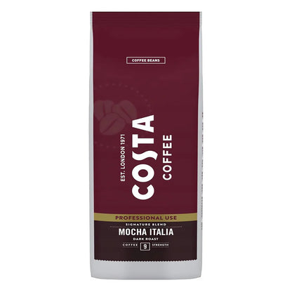Costa Mocha Italia Dark Roast Coffee Beans poured from 1kg bag in bulk case