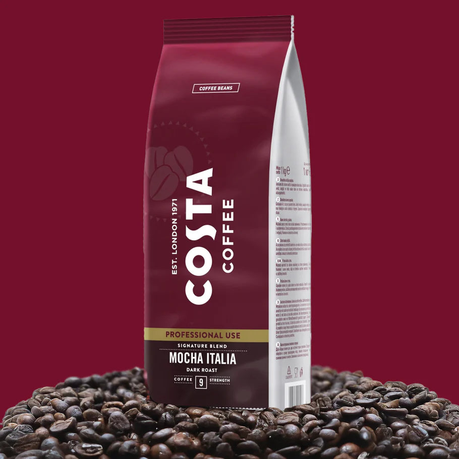 Latte art using Costa Mocha Italia Dark Roast Coffee Beans from bulk case