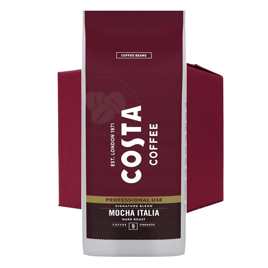 Costa Mocha Italia Dark Roast Coffee Beans brewed in a commercial espresso machine
