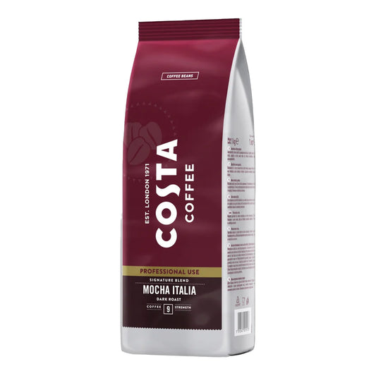 Front view of Costa Mocha Italia Dark Roast Coffee Beans 1kg bag
