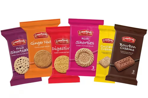 Mini biscuit selection including Digestives, Bourbon Creams, Ginger Nuts, Custard Creams, Shorties, and Fruit Shortcake