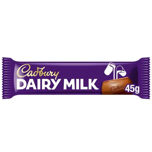 Cadbury Dairy Milk Chocolate Bar 45g with smooth, creamy milk chocolate