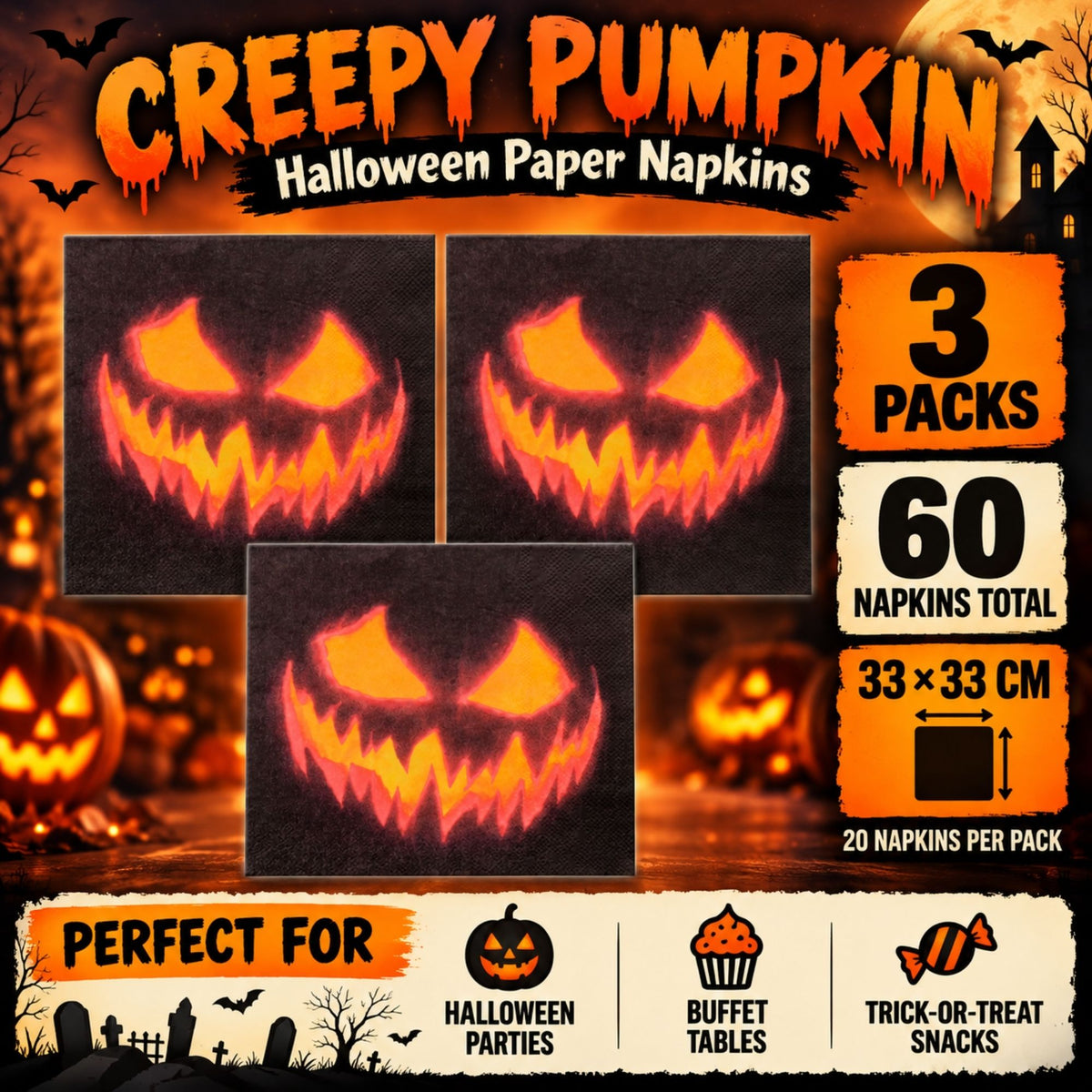 Three packs of Creepy Pumpkin paper napkins