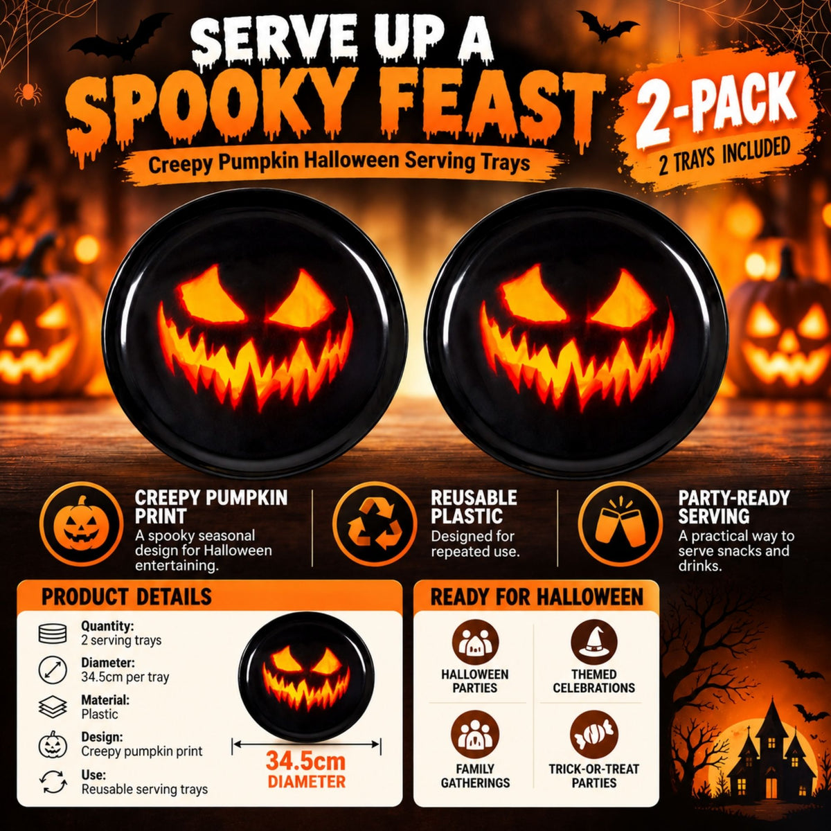 Two plastic serving trays with creepy pumpkin prints