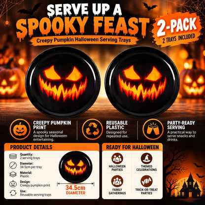 Two plastic serving trays with creepy pumpkin prints
