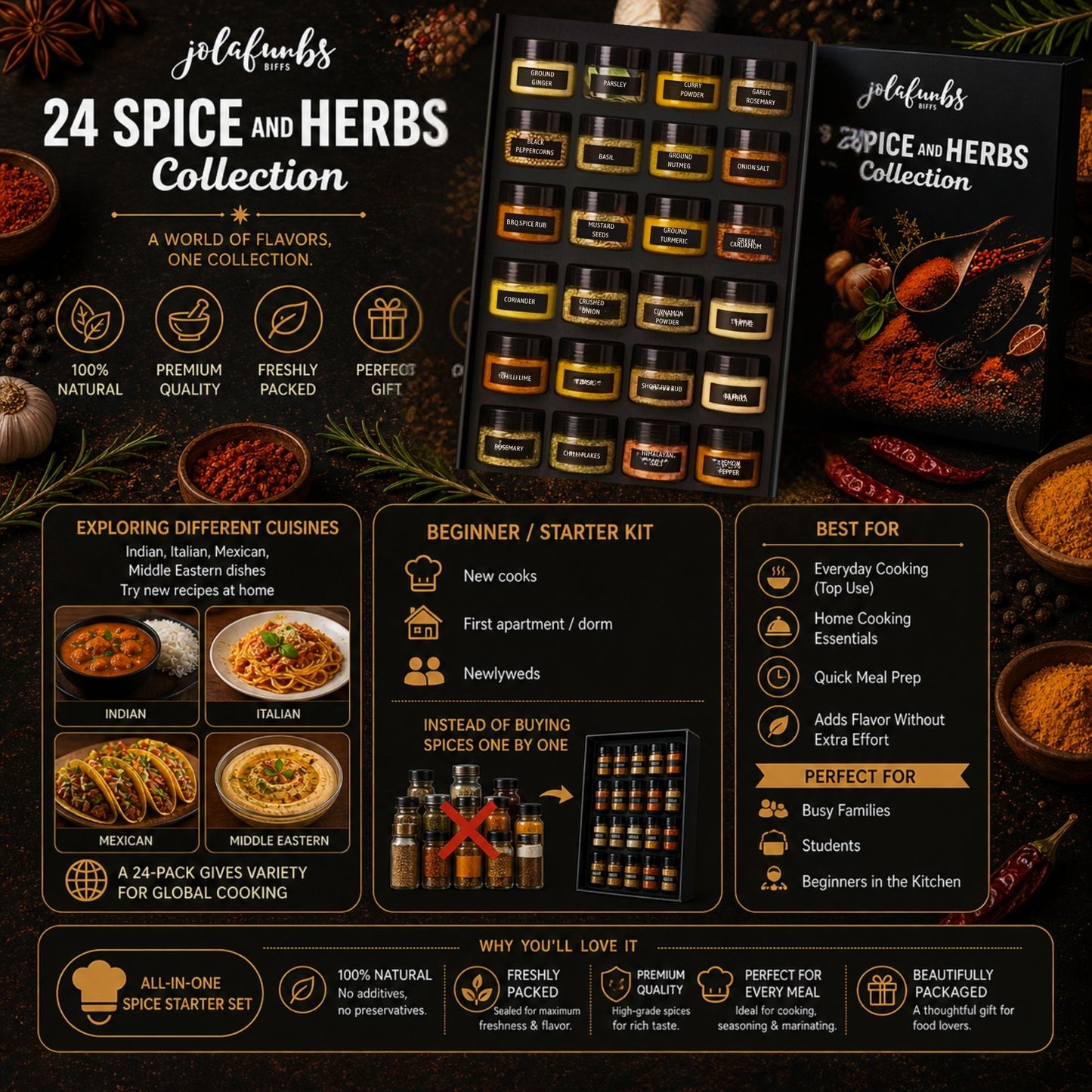 Gourmet herb and seasoning jars for kitchen use