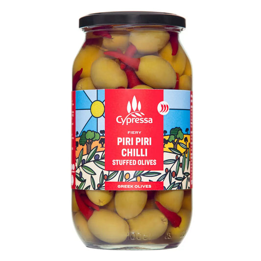 Cypressa Fiery Piri Piri Chilli Stuffed Olives, 990g – Spicy Snack