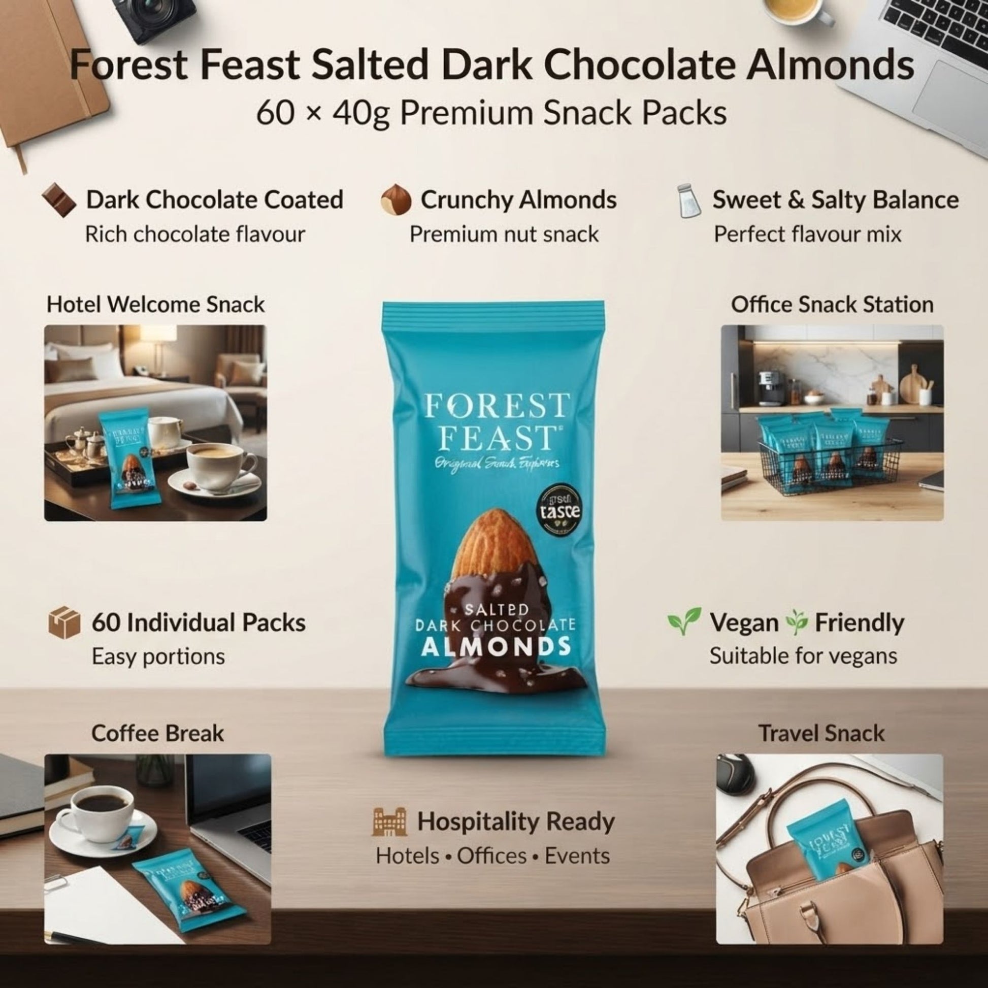 Vegan dark chocolate coated almond snacks
