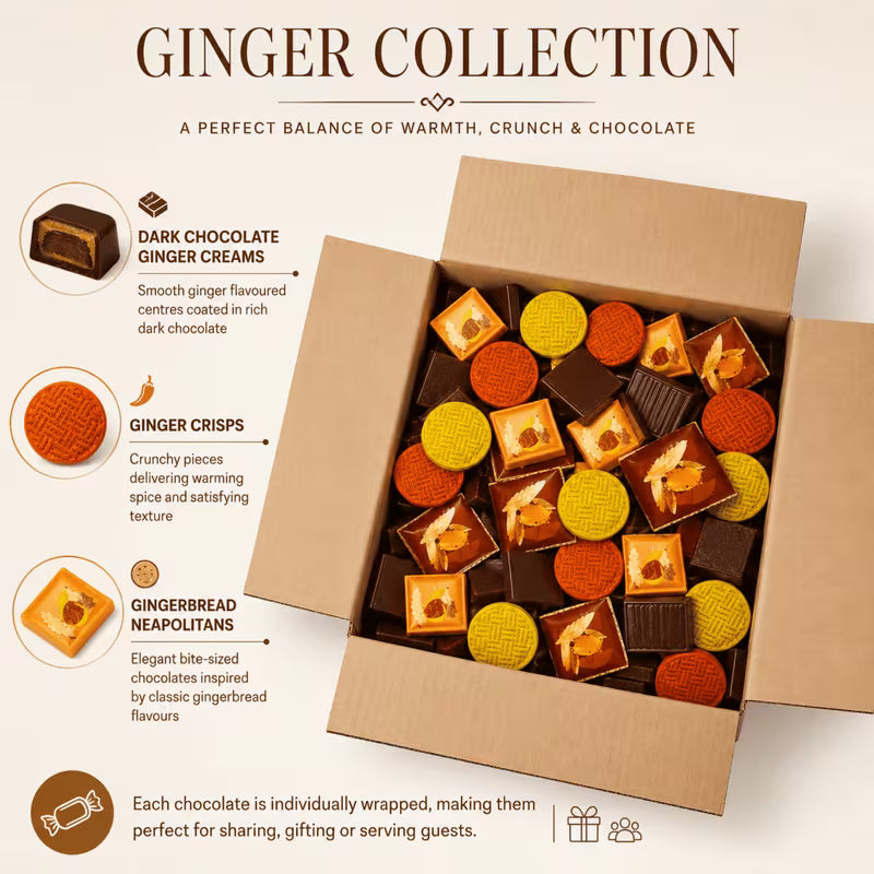 Fairtrade dark chocolate ginger assortment with creams and crisps