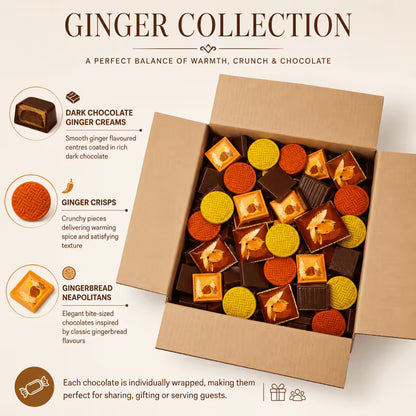 Fairtrade dark chocolate ginger assortment with creams and crisps